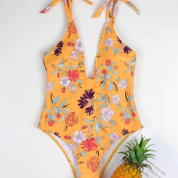 Floral Deep V Front Tie Shoulder One Piece - Picture 4 of 7